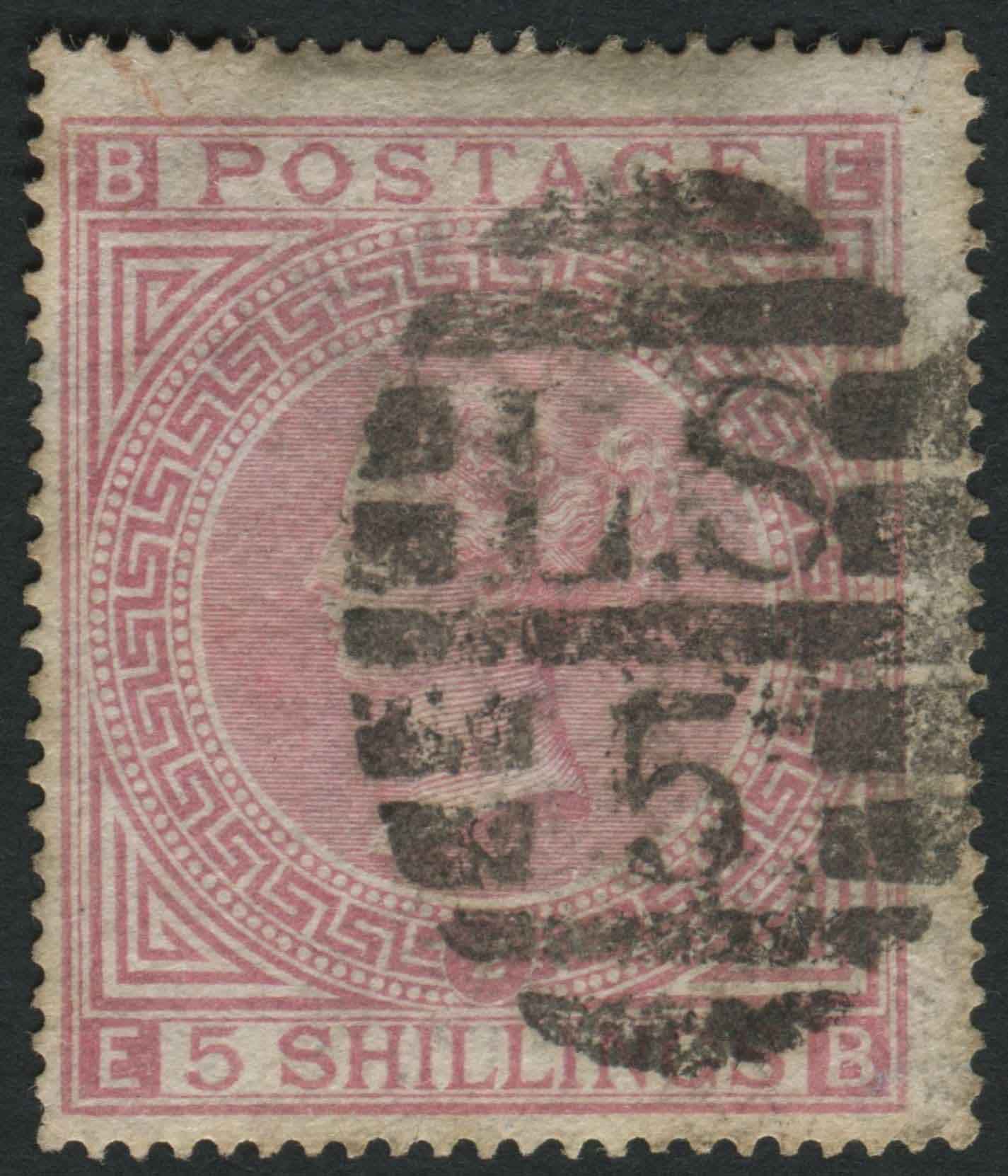 SG127 5/- Pale rose plate 2 fine used, Lombard Street 5 district cancel