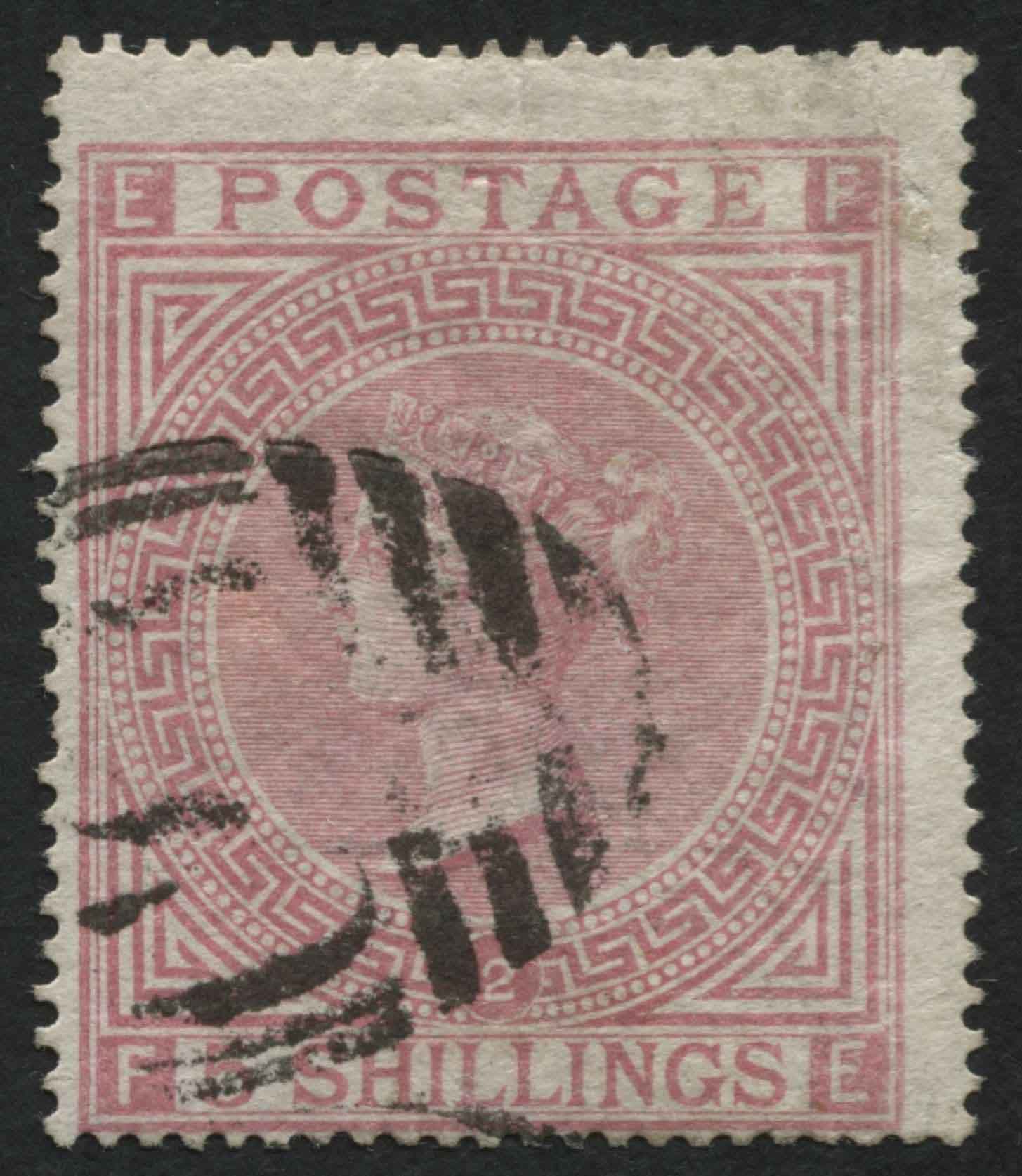 SG127 5/- pale Rose plate 2, light fine cancel