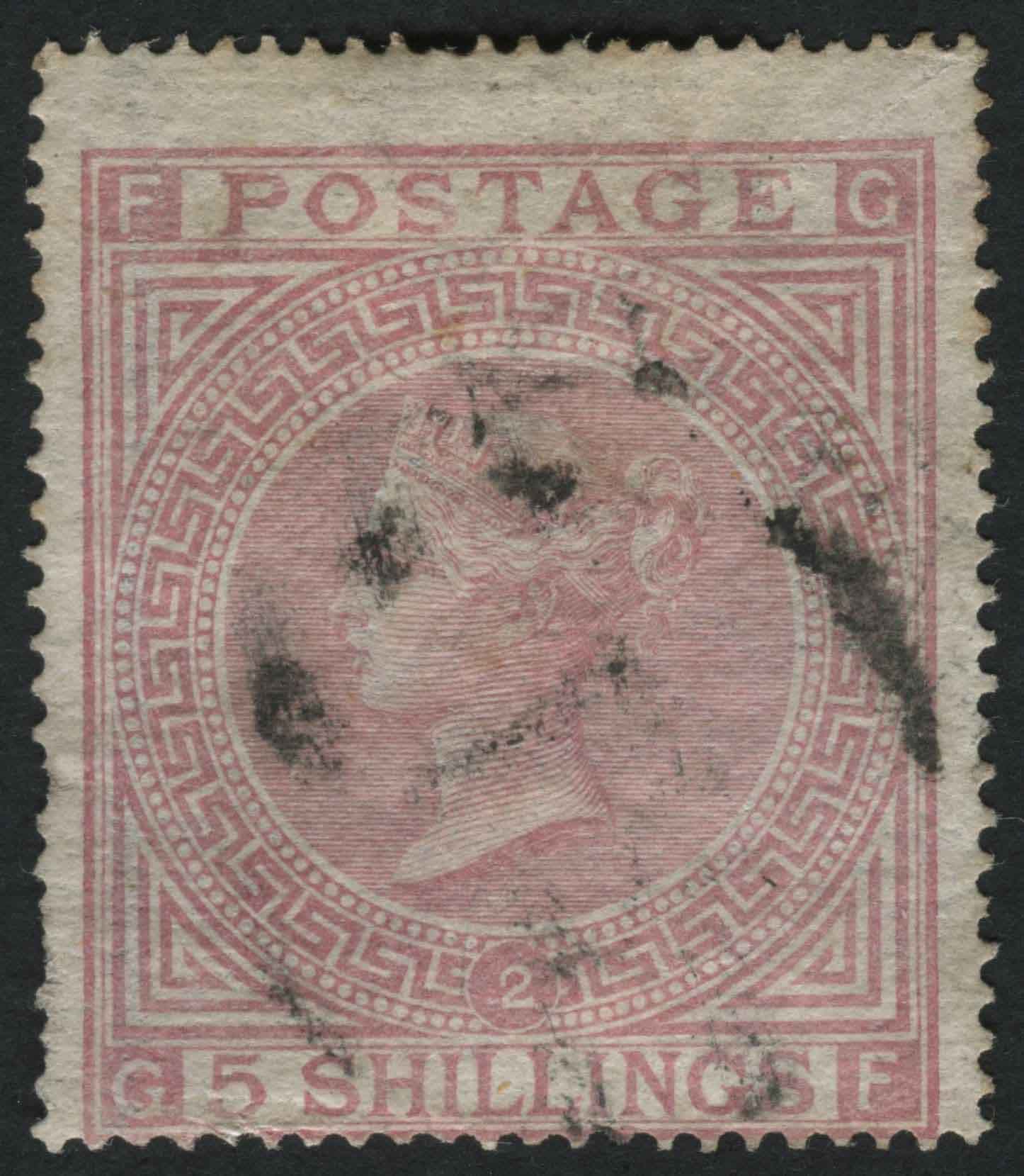 SG127 5/- pale Rose plate 2 lightly used with the odd short perforation