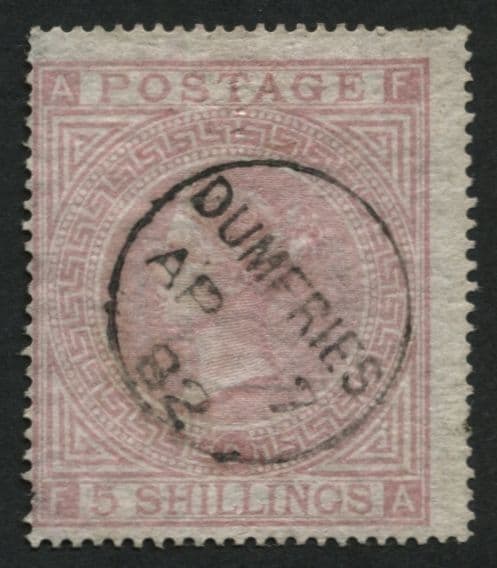 SG127 5/- pale Rose plate 2 perfect Dumfries cds 1880, 3 short perfs SG Cat 1500 attractive