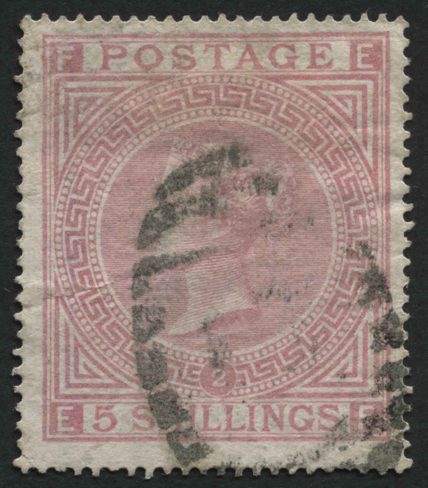 SG127 5/- plate 2 pale Rose, well centred light cancel