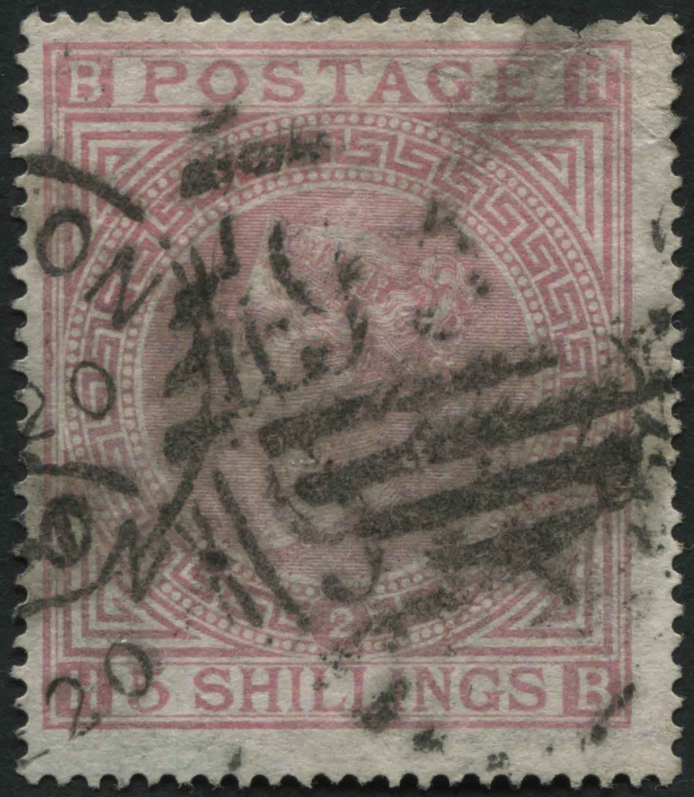 SG127 5/- Rose plate 2 London cancel, fault at top SG Cat 1500