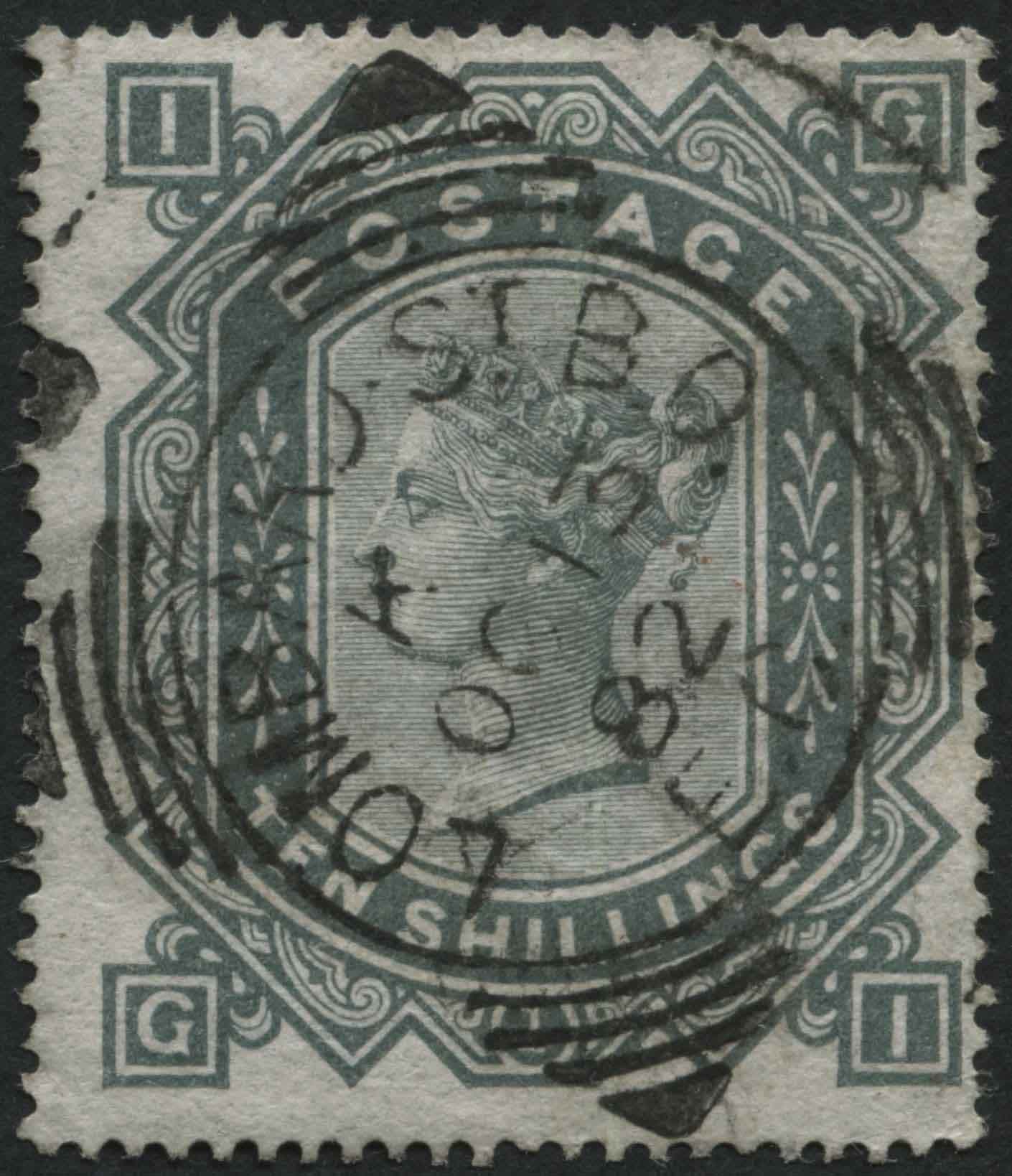 SG128 10/- Greenish Grey F/U 15.10.1882. super colour SG Cat 3200