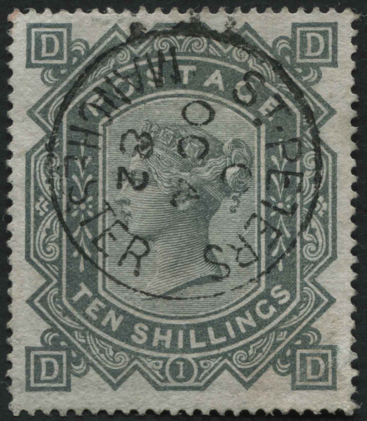 SG128 10/- Grey-Green DD, perfect St. Peters Manchester 1882 cds