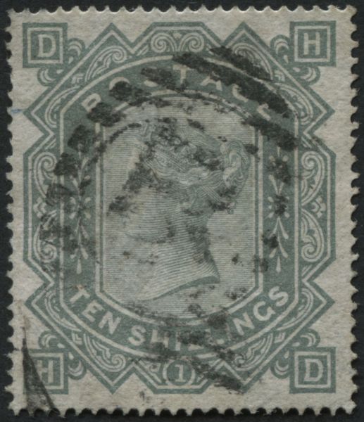 SG128 10/- Grey Green HD, used with excellent centring light registered cancel