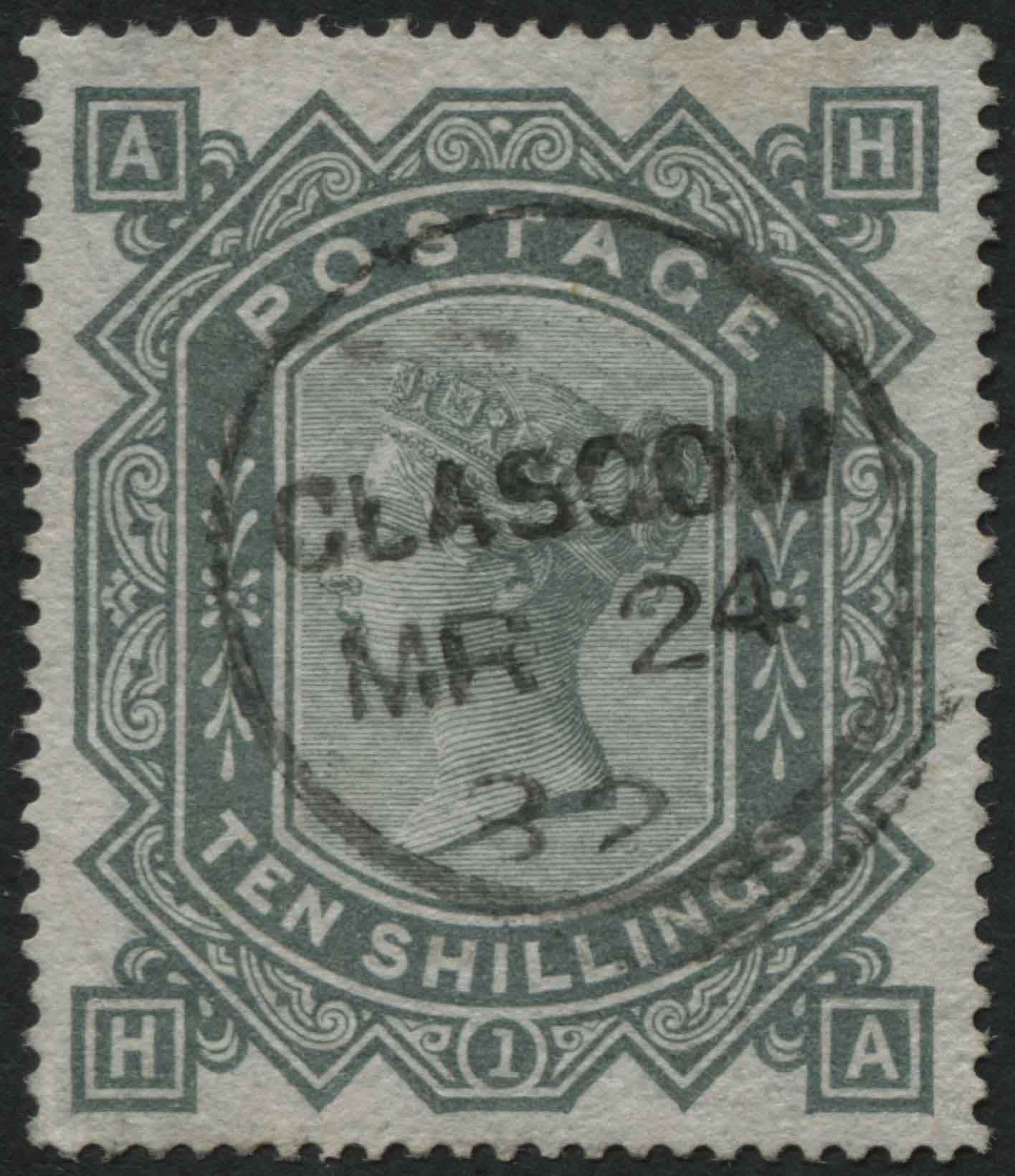 SG128 10/- Grey Green, super small ring cancel Glasgow 1878, well centred great colour