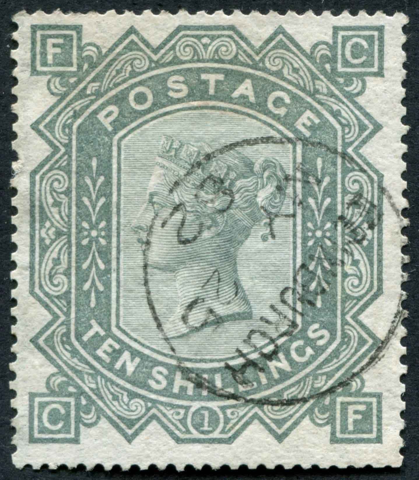 SG128 10/- Grey, has Edinburgh 1882 ring cancel, tiny imperfections