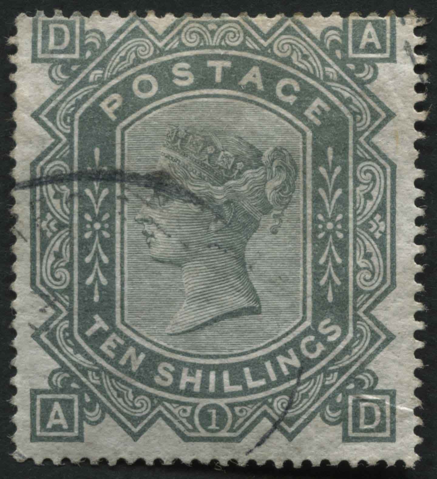 SG128 10/- Grey plate 1 AD, lightly cancelled