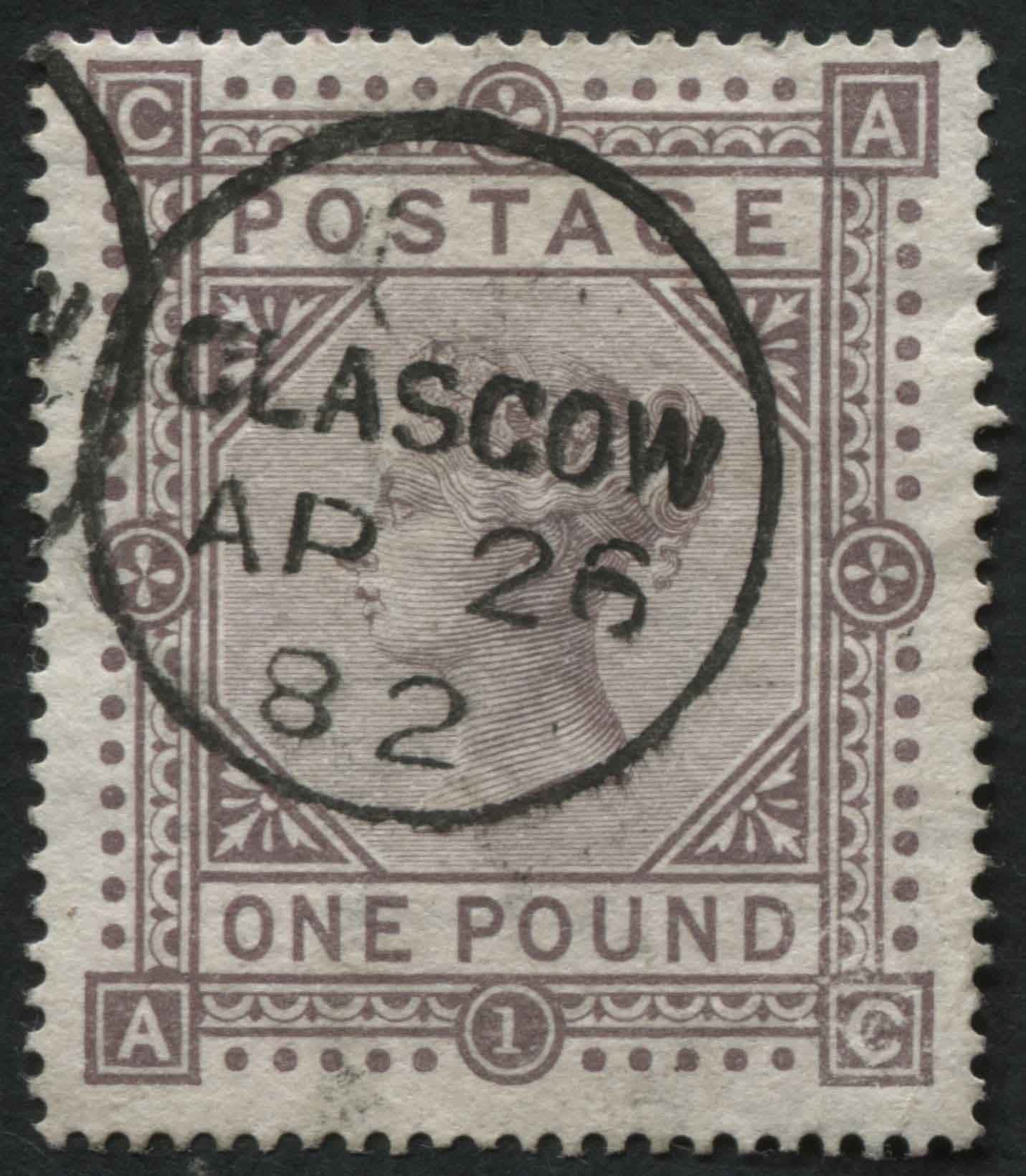 SG129 1 Brown Lilac plate 1, rich deep colour Glasgow 1882 cds