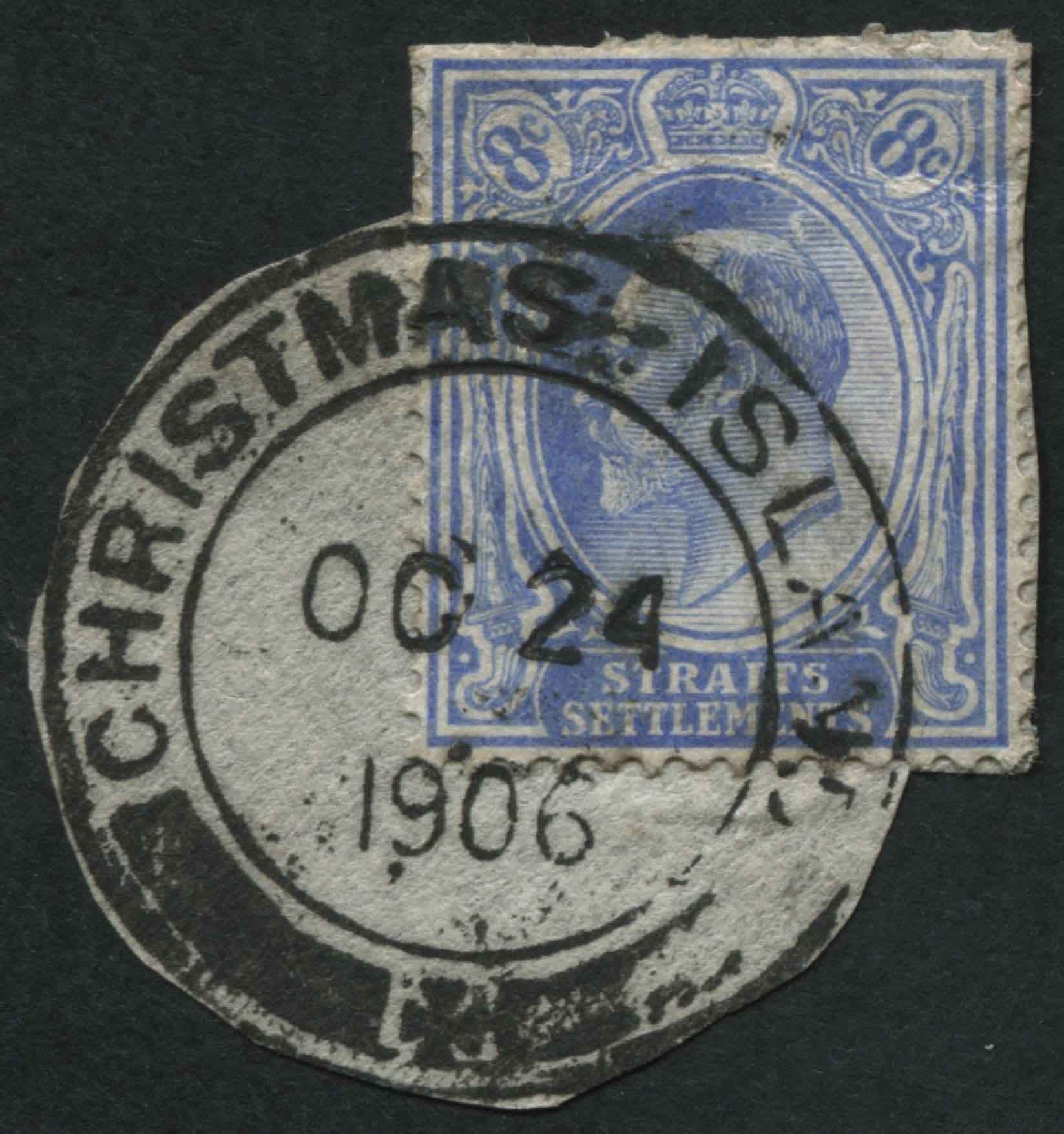 SG129 1906 Straits Settlements 4c, tied to small piece with fine Christmas Island double ring cancel