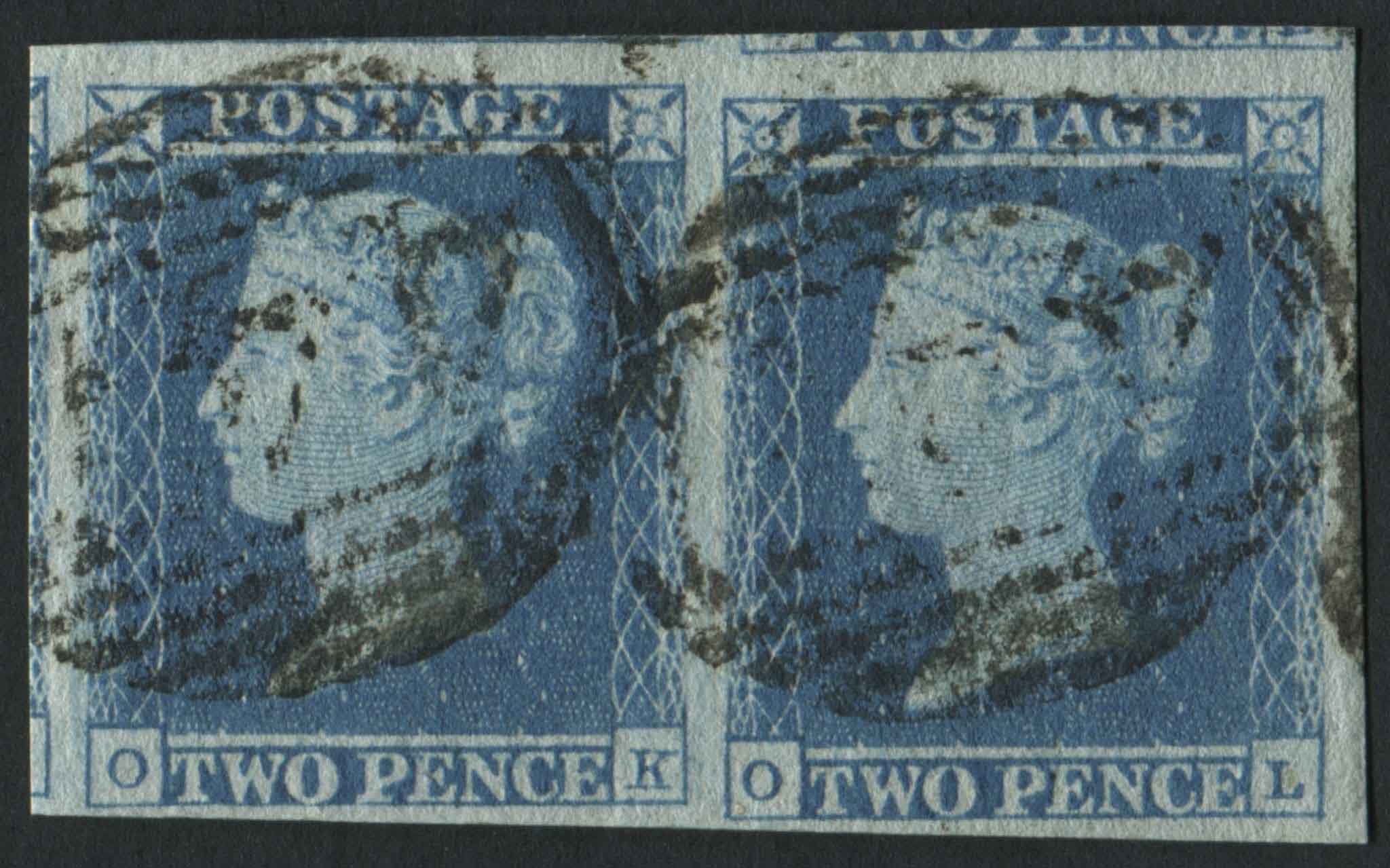 SG13 2d Pale Blue pair OK-OL Pl4, with generous margins all round and light cancel on each