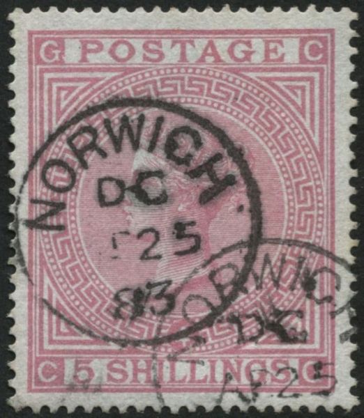 SG130 5/- Rose CG plate 4, blued paper Wmk Anchor, 1883 cds with cert