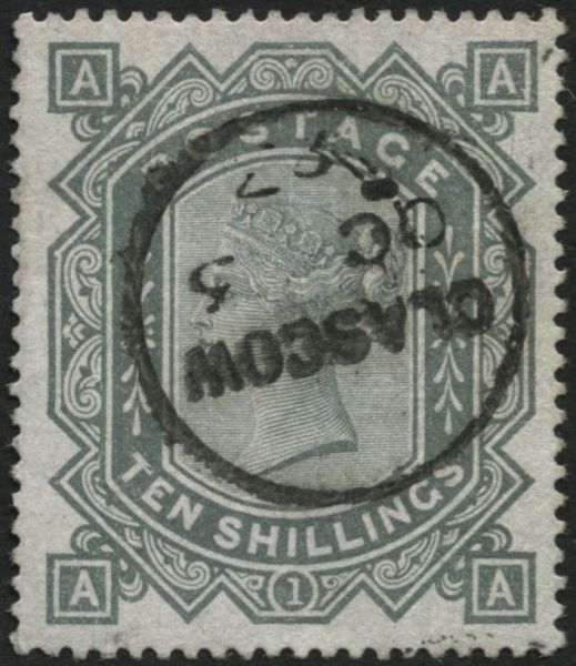 SG131 10/- Grey Green AA used, Glasgow cds 1883 exceptional appearance, with cert