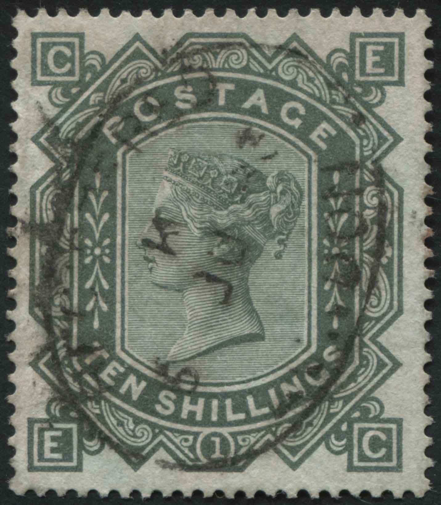 SG131 10/- Grey-Green on blue paper, a loverly stamp oval cancel