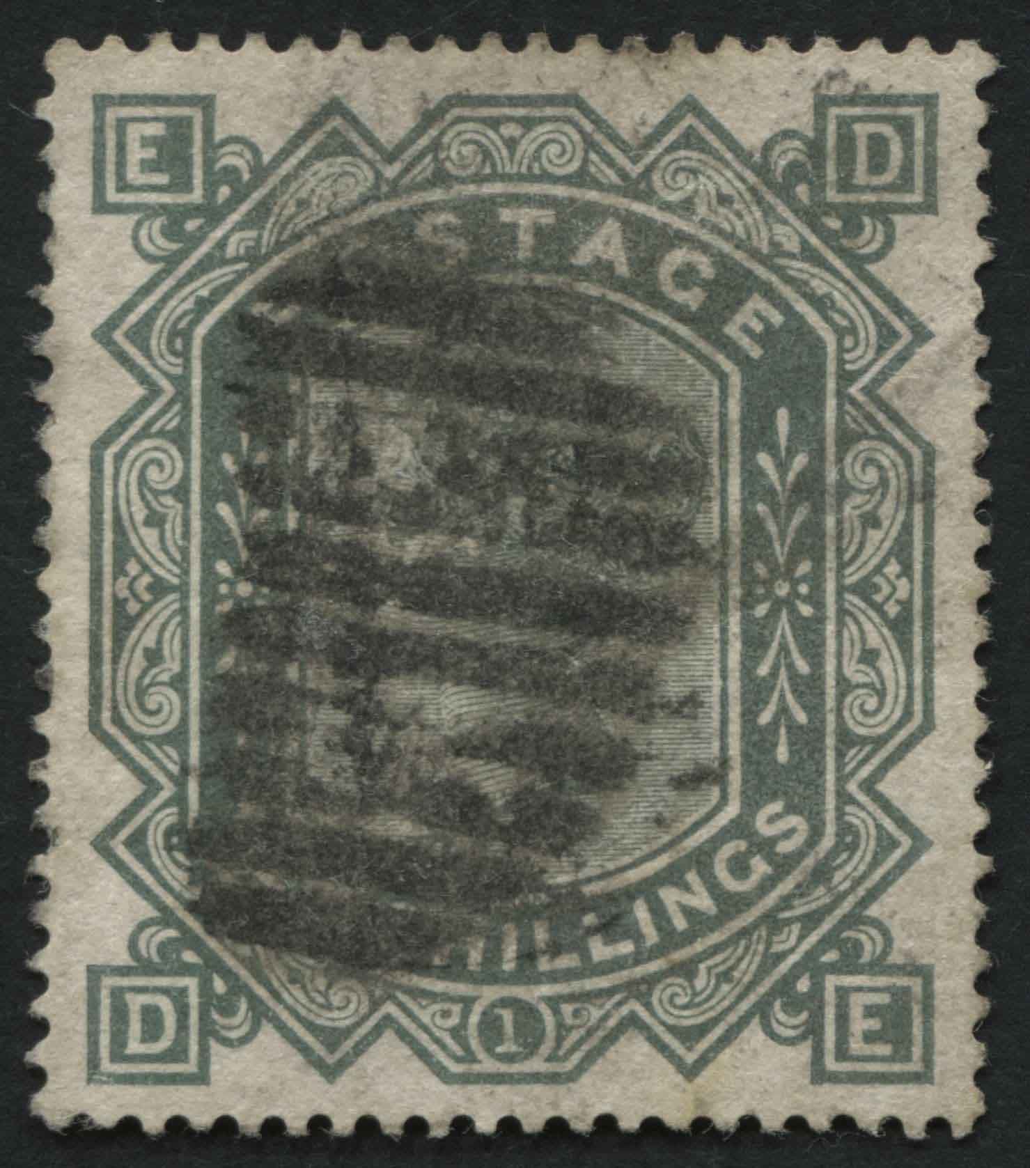 SG131 1867-83 10s Grey-Green DE, light vertical bend, cancelled with barred oval numeral