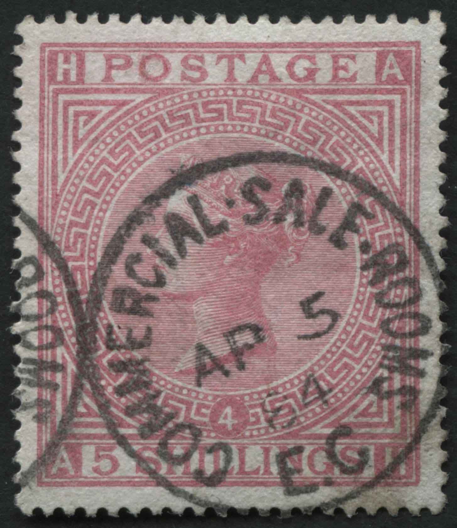 SG134 10/- Rose plate 4, with Commercial Sale Rooms 5.4.1884 London E.C