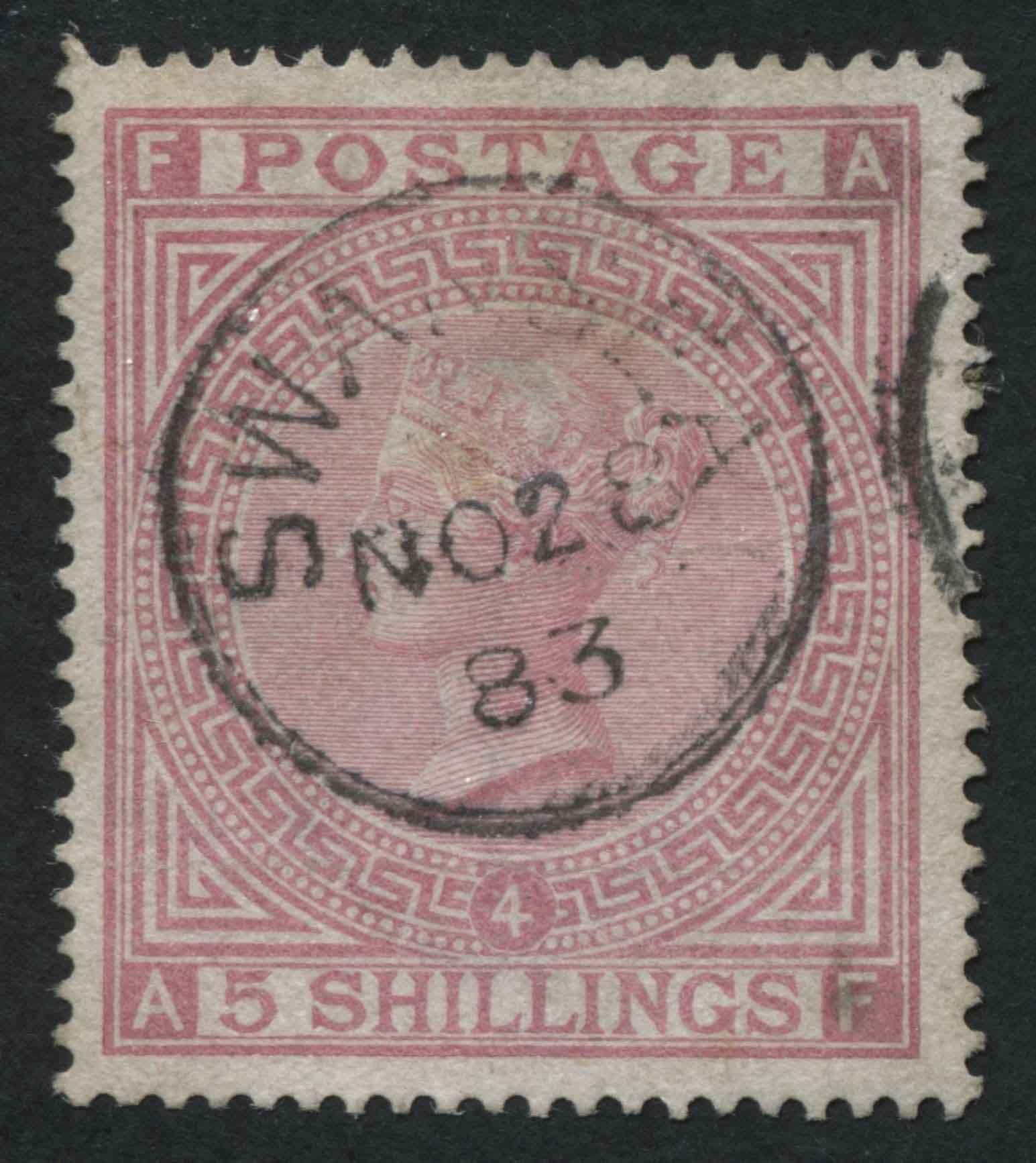 SG134 1883 5s Rose AF on white paper, v fine Swansea cds, attractive  - Cat 3800