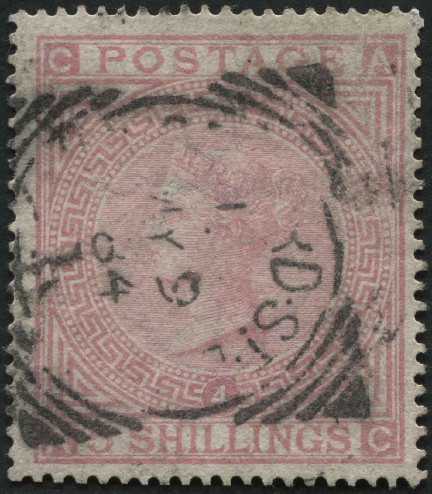 SG134 5/- Rose Pl.4 on blued paper, 1884 cds SG Cat 3800