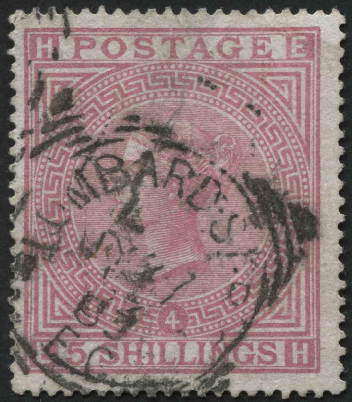 SG134 5/- Rose plate 4 on White paper, F/U Lombard Street SF Cat 2800