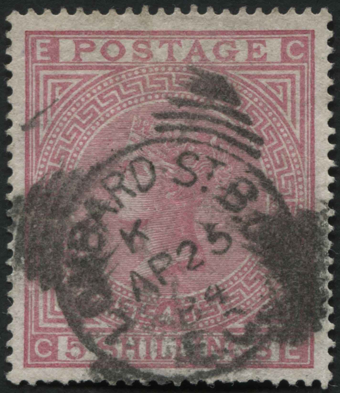 SG134 5/- Rose, squared circle Lombard Street 25.4.1884