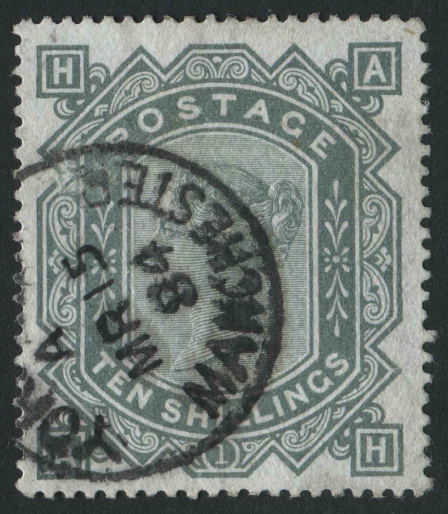 SG135 10/- Greenish Grey AH very fine used with Manchester cds