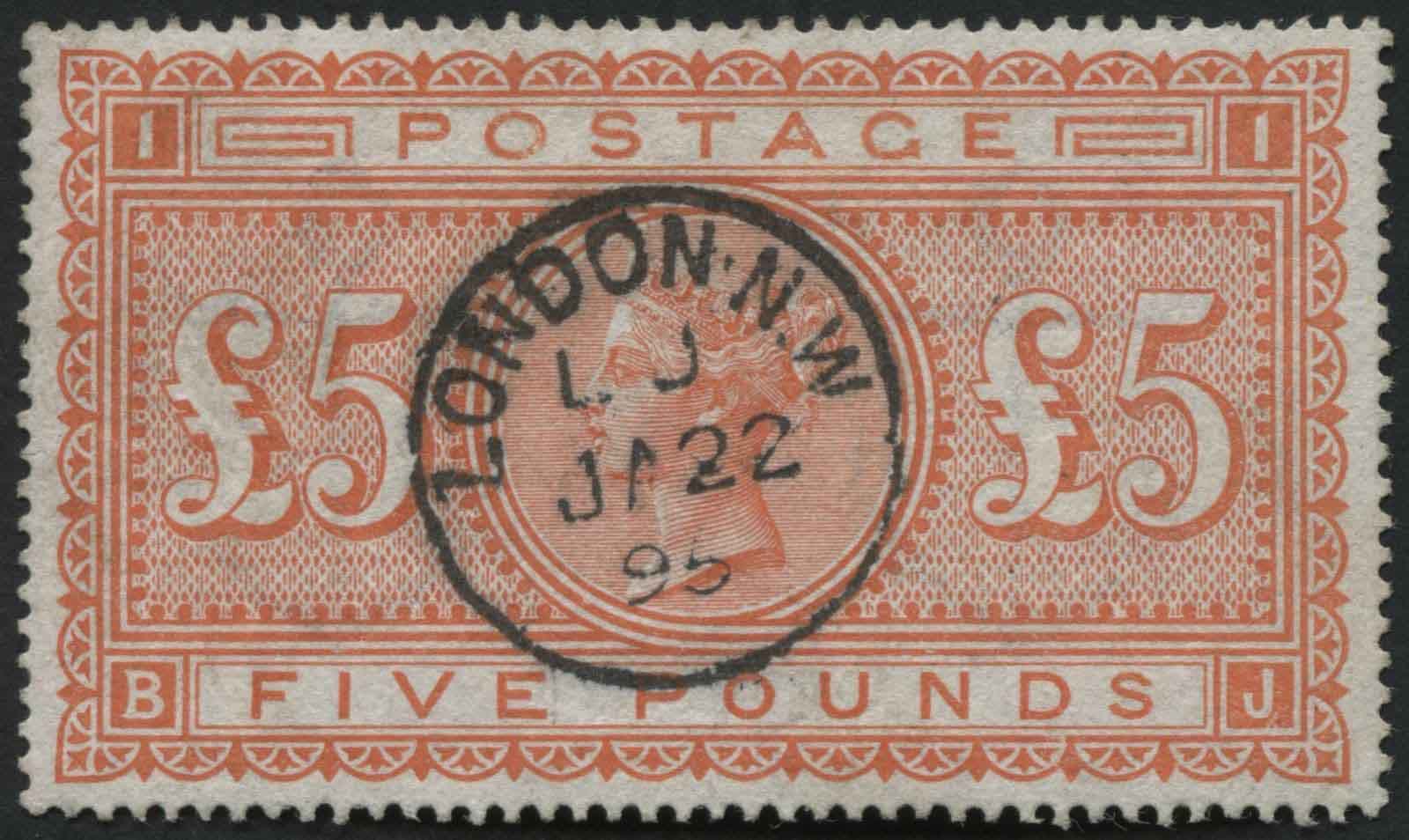 SG137 5 Orange BJ lovely full colour dated 22.1.1895, has a tiny short perf at top right