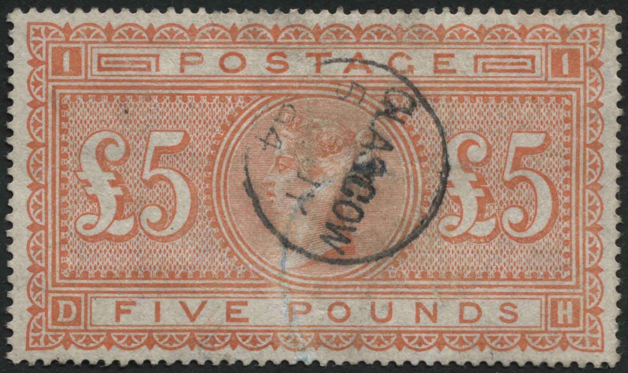 SG137 5 Orange GLASGOW 1894 cds, small Blue transit mark