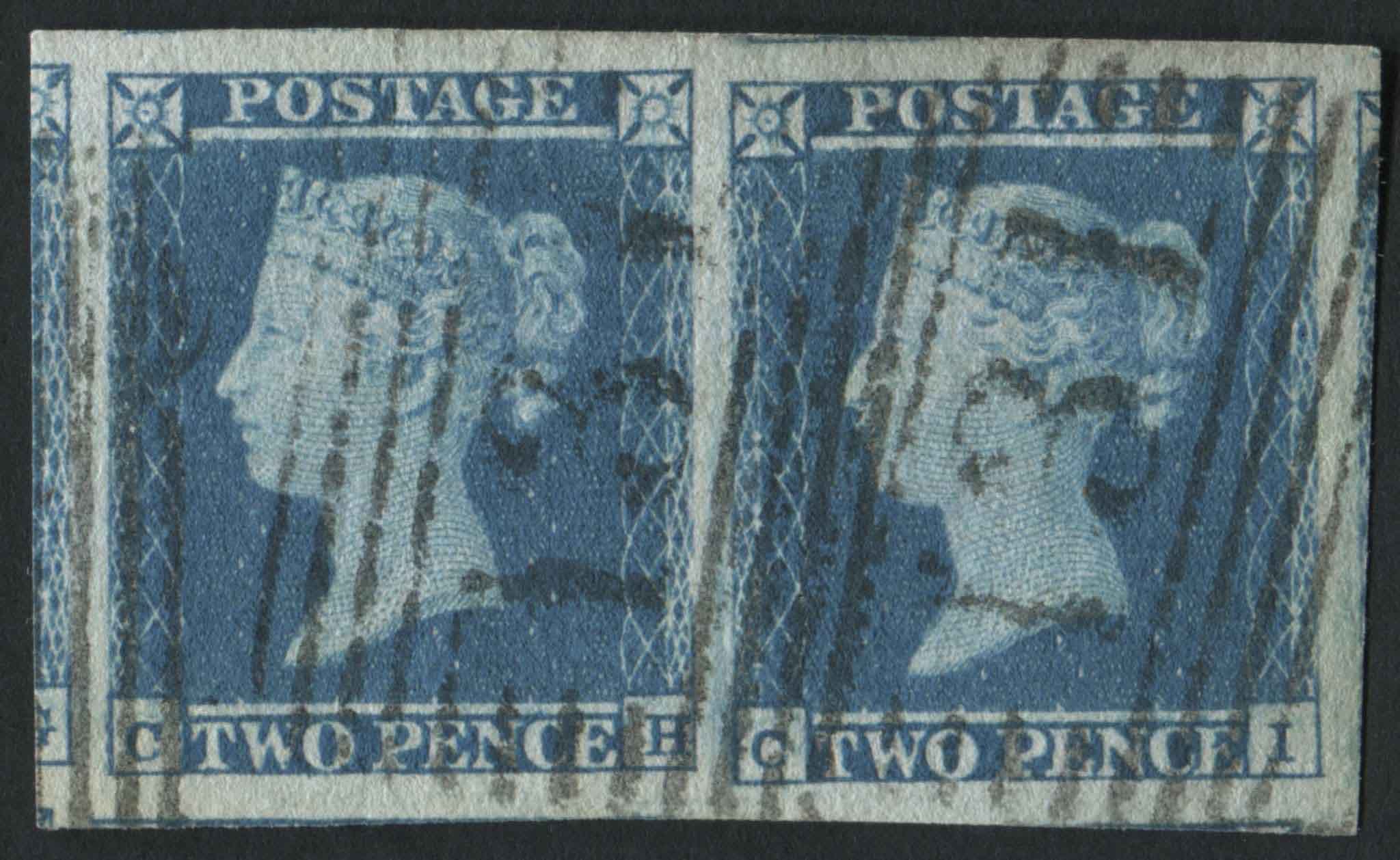 SG14 1841-51 2d Blue Pl4 CH-CI pair, full large margins cancelled 131 of Edinburgh