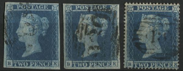 SG14/19 1849-54 2d Blue Pl.4 BK, with perf 16 showing progressive corrosion marks