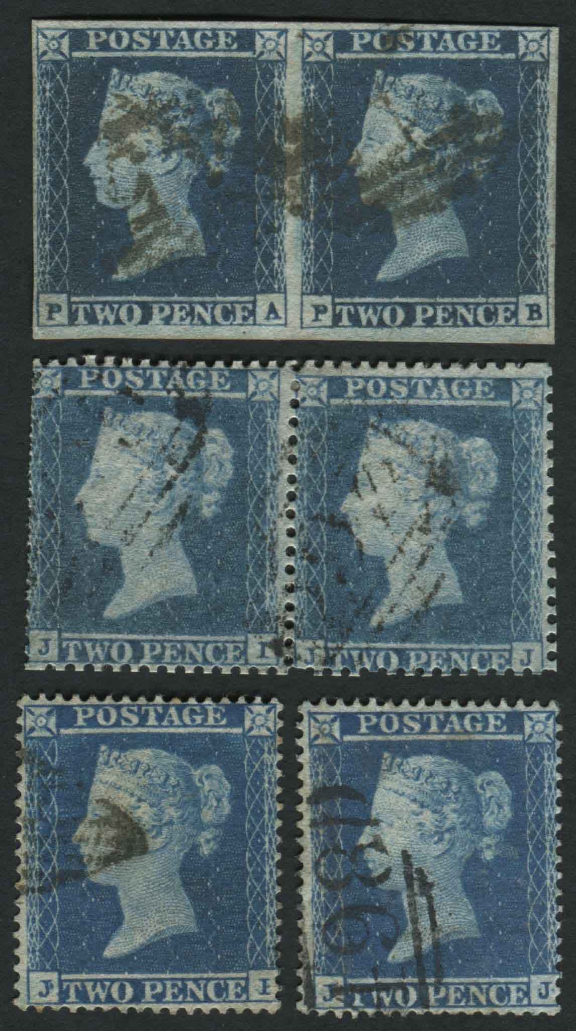 SG14 19 & 23 1854-5 2d Blue Pl4 (JI-JJ) a matched trio in fine used pairs