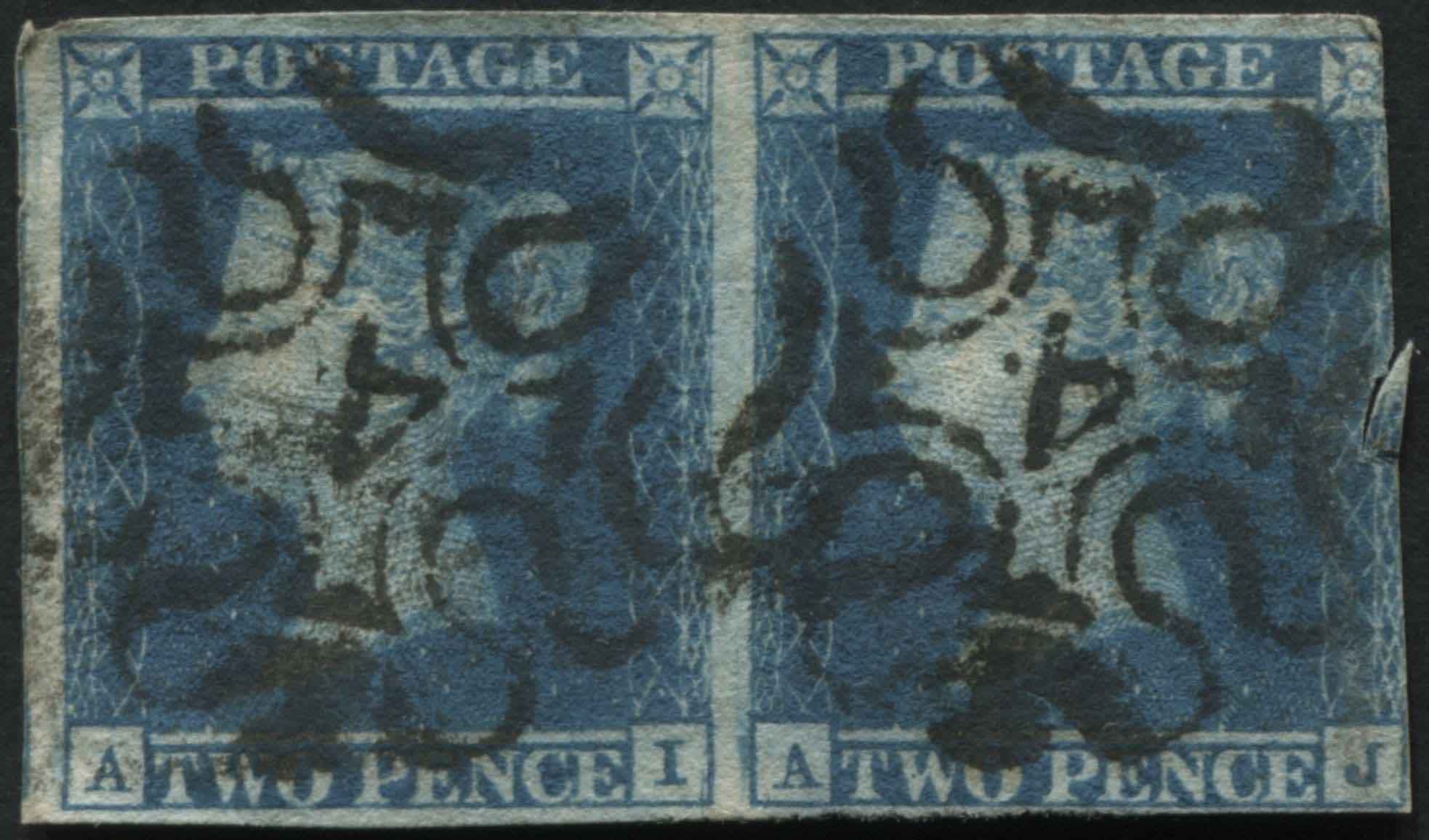 SG14 2d Blue AI-AJ a neat pair with margins all round on AI, each with fine number 4