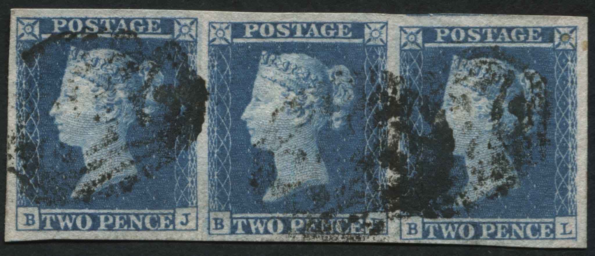 SG14 2d Blue BJ-BL strip of 3, has fine ivory heads