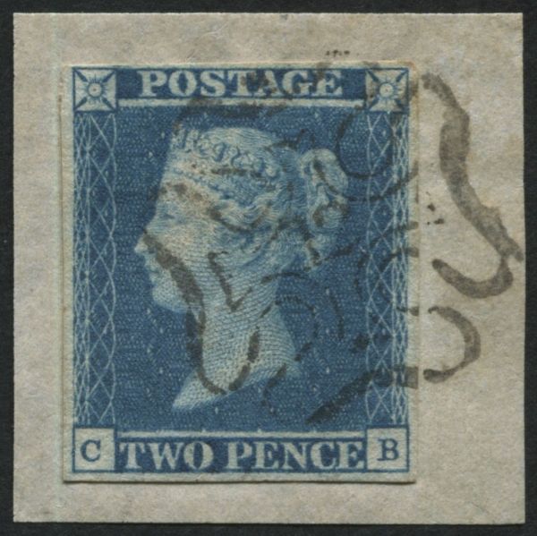 SG14 2d Blue CB, tied to 4 margin piece with London number 12 cross