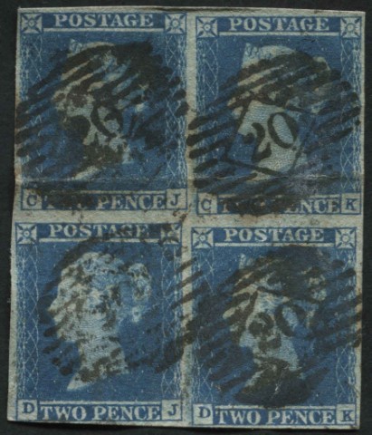 SG14 2d Blue CJ-DK block of 4 with margin close at DK - fine