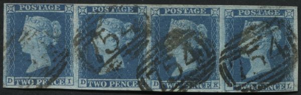 SG14 2d Blue DI-DL, a F/U strip of 4 with margins all round