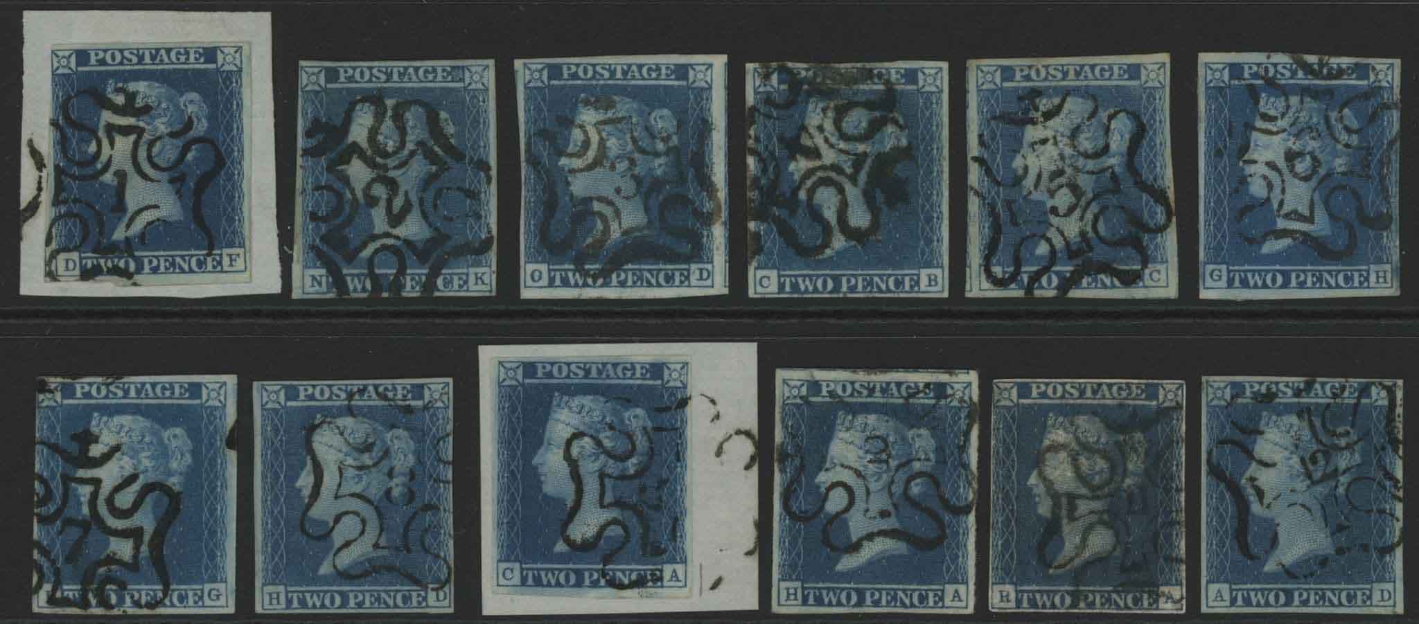 SG14 2d Blue, each stamp cancelled with London Number in MX