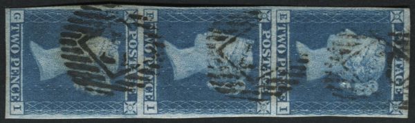 SG14 2d Blue EI-GI, a F/U vertical strip of 3 with margins all round