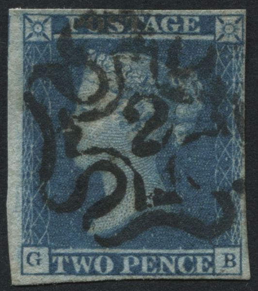 SG14 2d Blue, has 4 full margins with London No.2 full Black cancel, GB