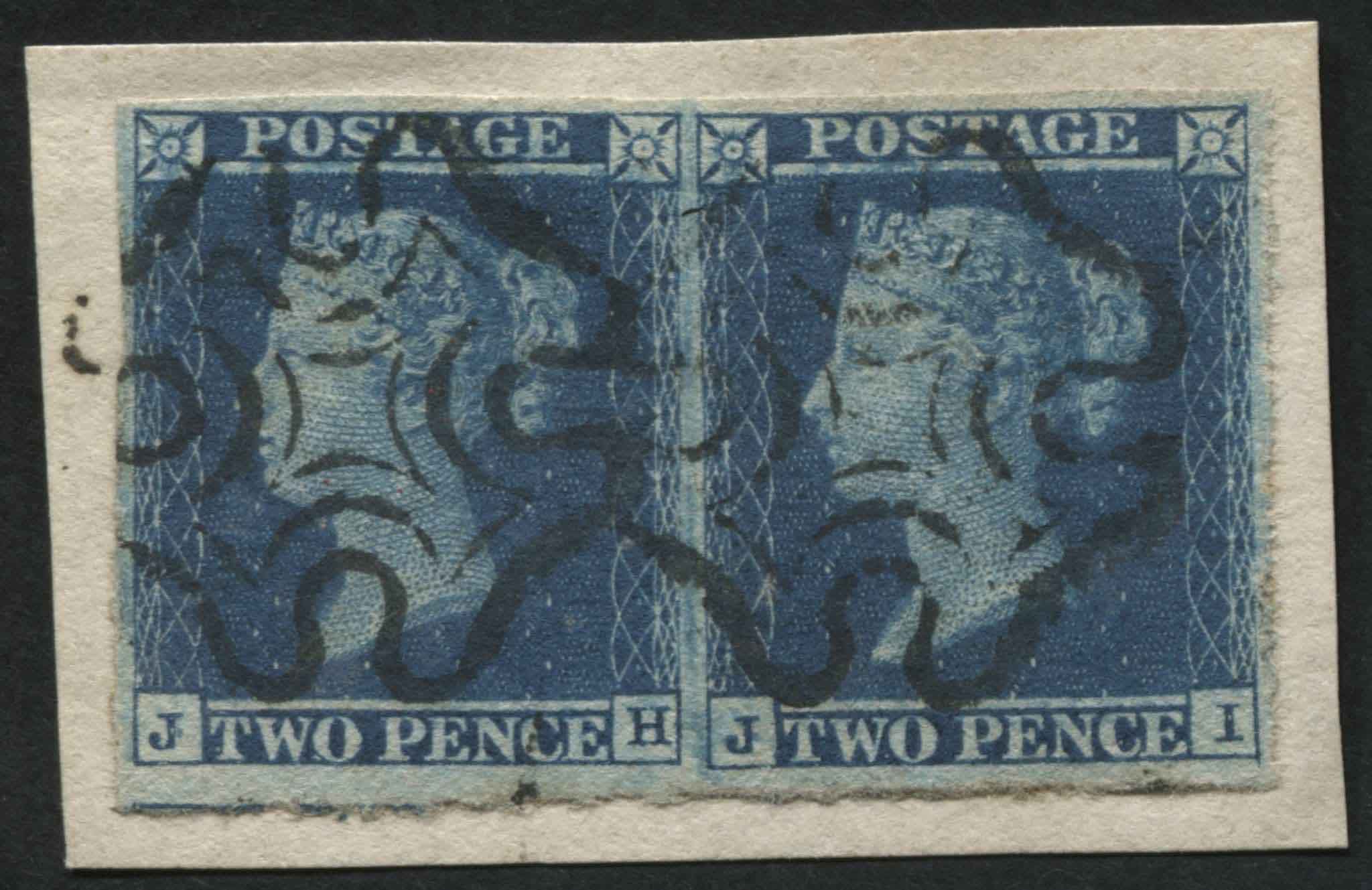 SG14 2d Blue JH-JI 4 margin pair, each with fine Maltese cross