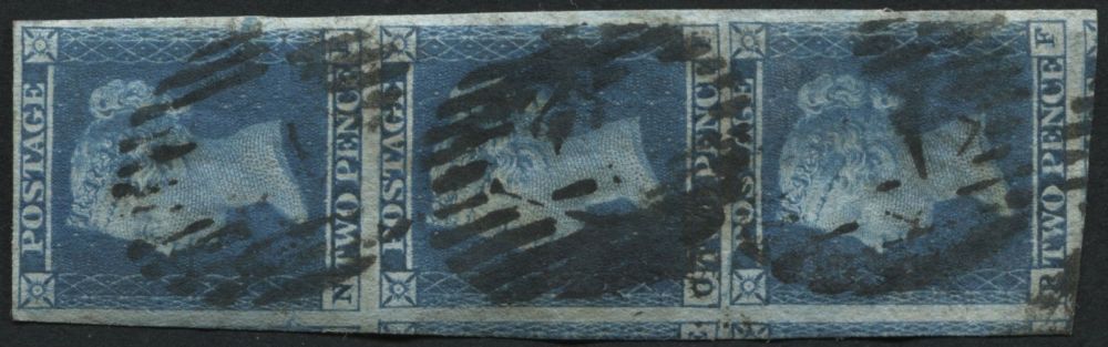 SG14 2d Blue NF-RF vertical strip of 3 with London light cancels