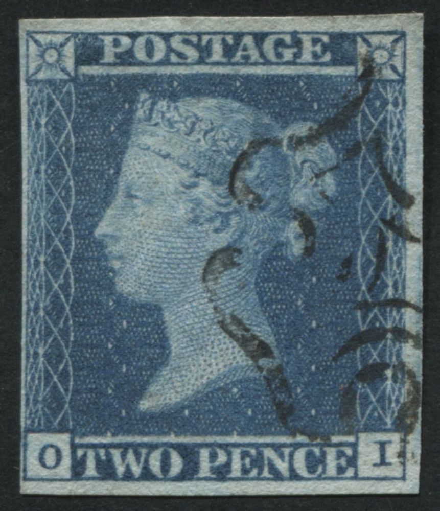 SG14 2d Blue OI, has 4 clear margins and superb Black Maltese cross