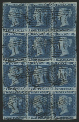 SG14 2d Blue Pl3 SpecES11, Block of 12, just touched at base & right, fine used