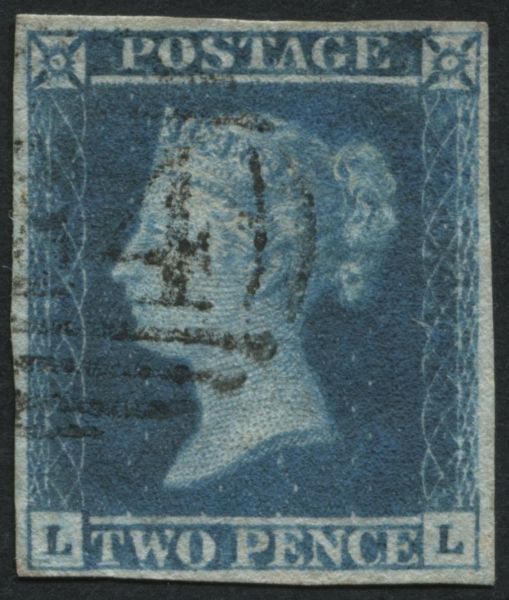 SG14 2d Blue plate 3 LL, 4 clear margins v fine cancel