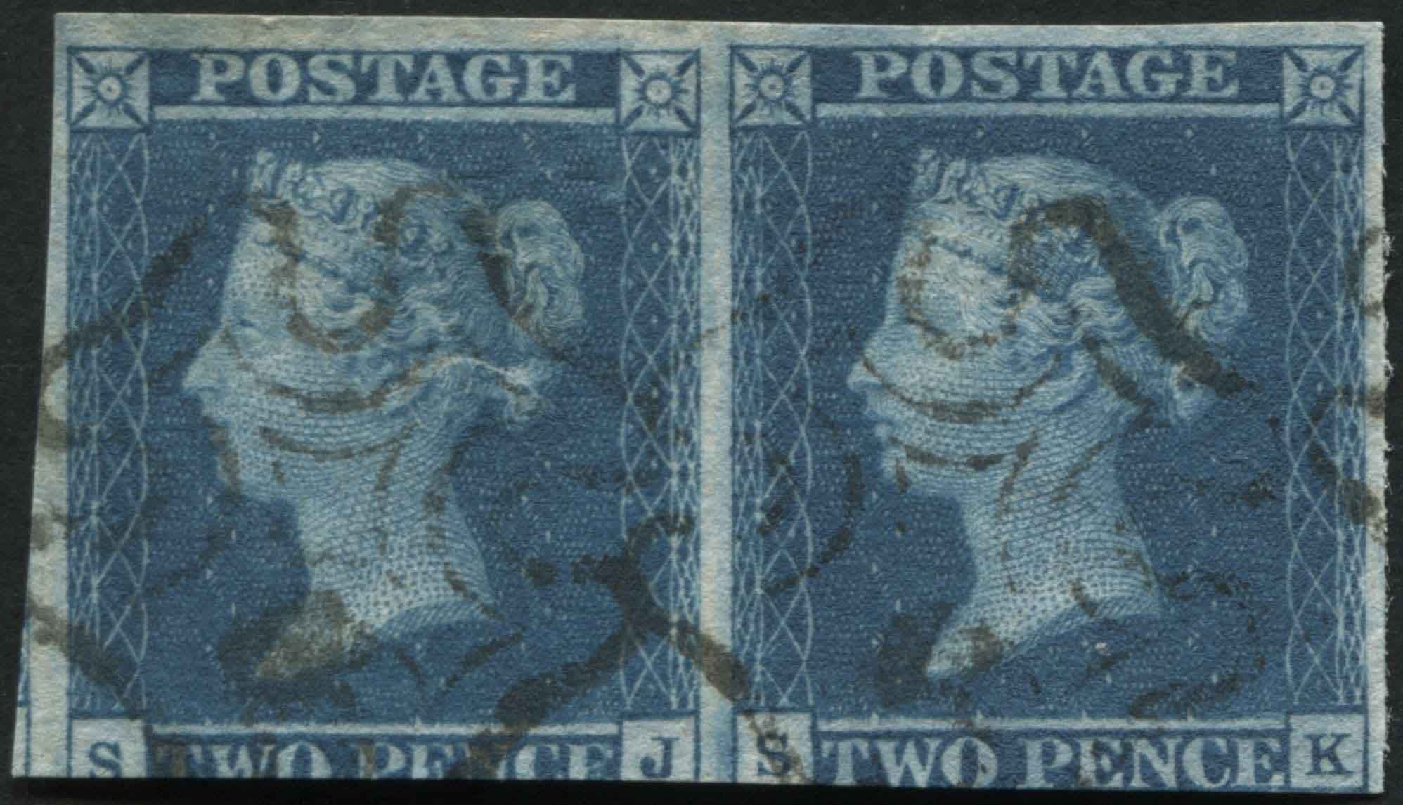 SG14 2d Blue SJ-SK, a horizontal pair cut into lower margin - attractive