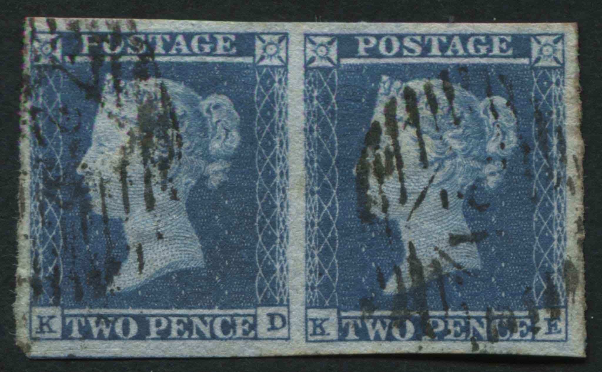 SG14 2d (bright) Blue KD-KE plate 4 VF/U pair, wide margins all round