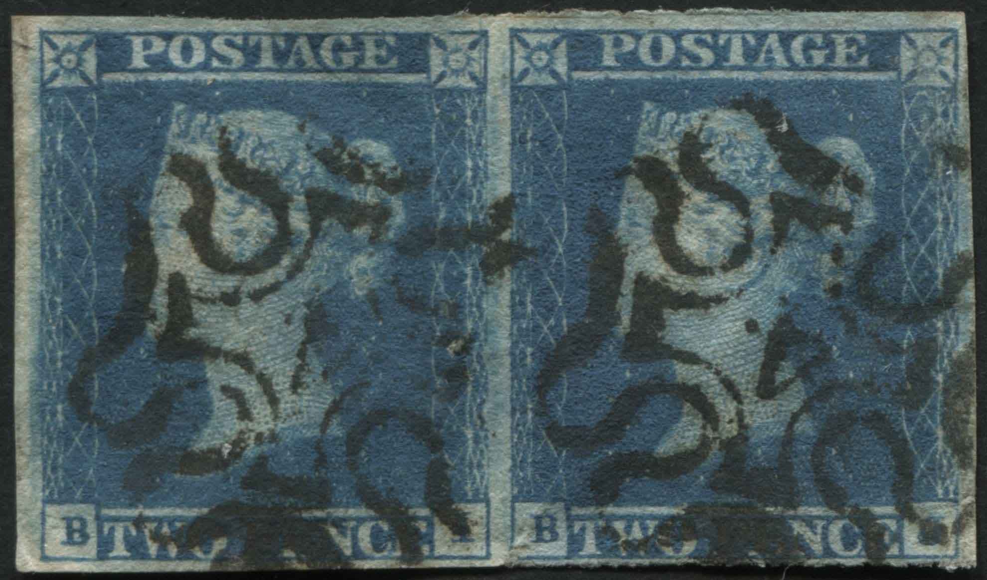 SG14 2d plate 3 BA-BB pair with fine London number 4 in Maltese cross, fine and scarce