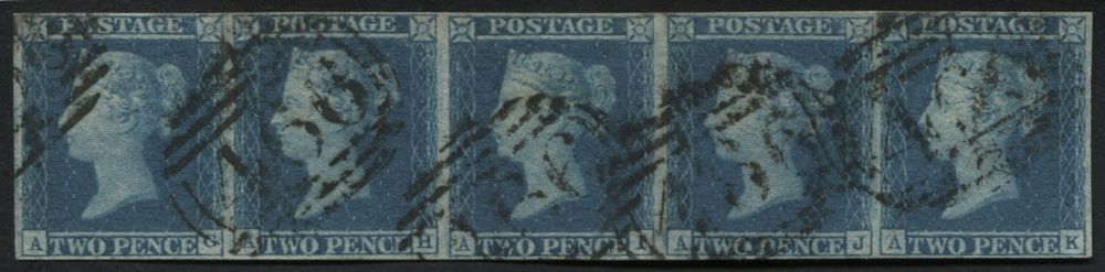 SG14 Two pence strip of 5 AG-AK clear to good margins all round, fine Liverpool light cancel