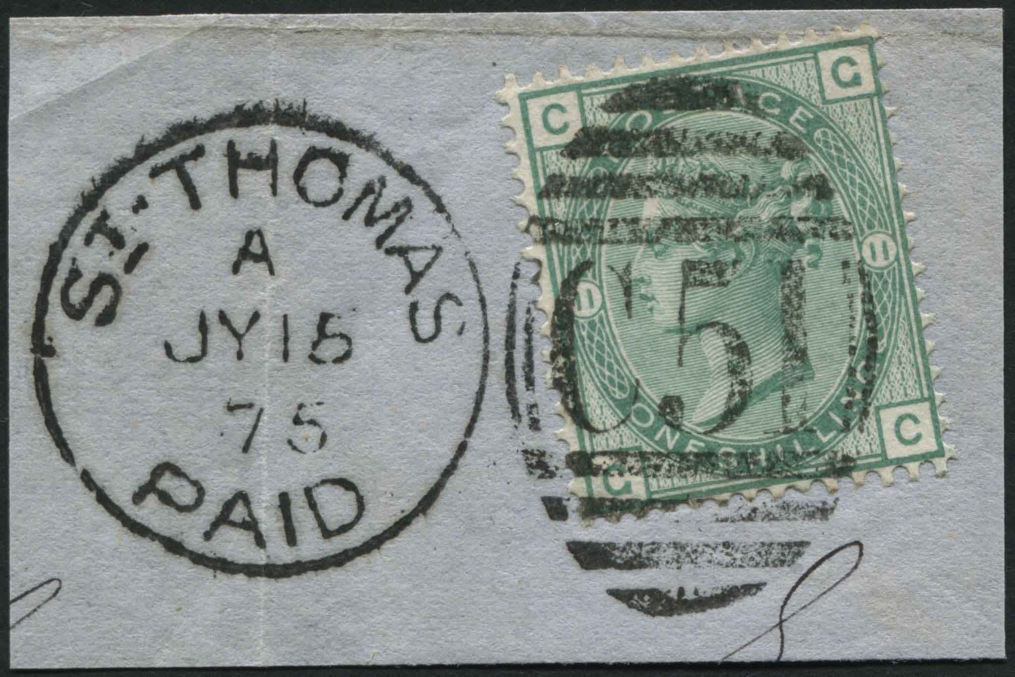 SG148 1/- Green Pl.11, tied to piece St. Thomas Paid 1875