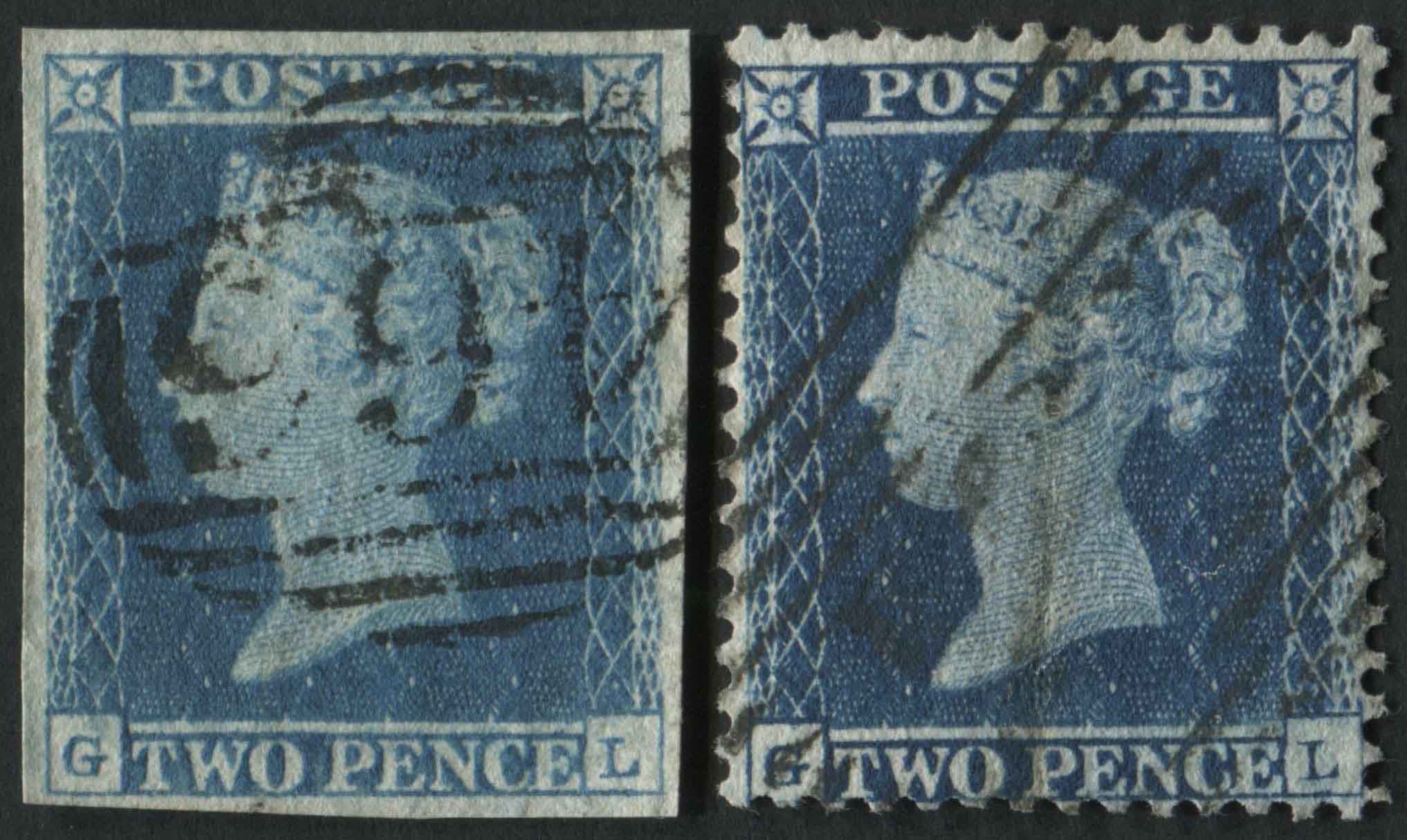 SG14and23 2d Blue GL plate 4 match pair 4 margins, well centred a fine used double