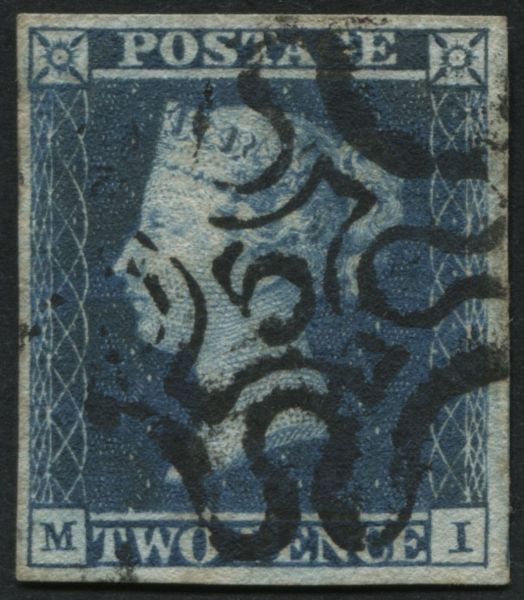 SG14f 2d blue MI, has 4 full margins and carries a perfect London 5 in Maltese cross, SG Cat 850